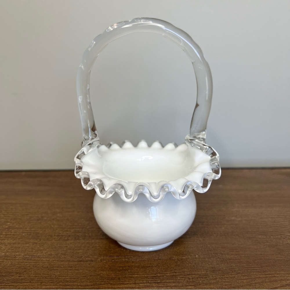 FENTON Silver Crest Milk Glass Basket w/ Ruffled Edge